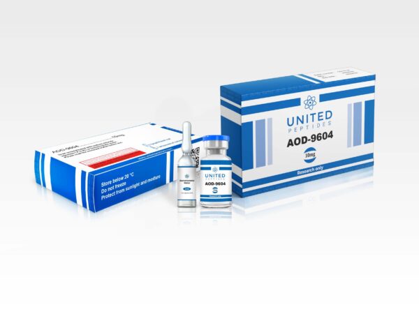 United Peptides AOD 9604 peptide for research into fat metabolism and metabolic health in a 10mg vial.