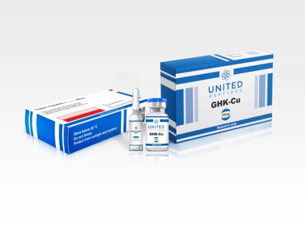 United Peptides GHK-Cu peptide for research into skin regeneration and wound healing in a 50mg vial.