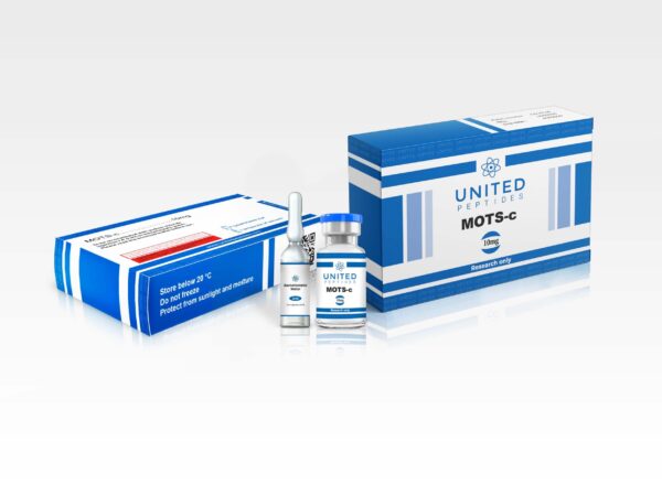 United Peptides MOTS-c peptide for research into mitochondrial function and metabolic regulation in a 10mg vial.