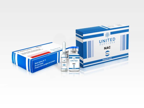 United Peptides NAC (N-Acetyl Cysteine) for research into antioxidant properties and cellular protection in a 500mcg vial.